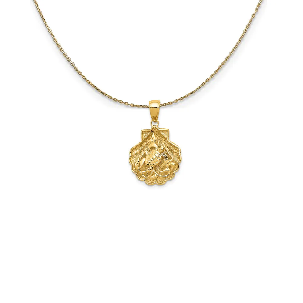 14k Yellow Gold Sea Turtle Kelp in a Scallop Shell Necklace