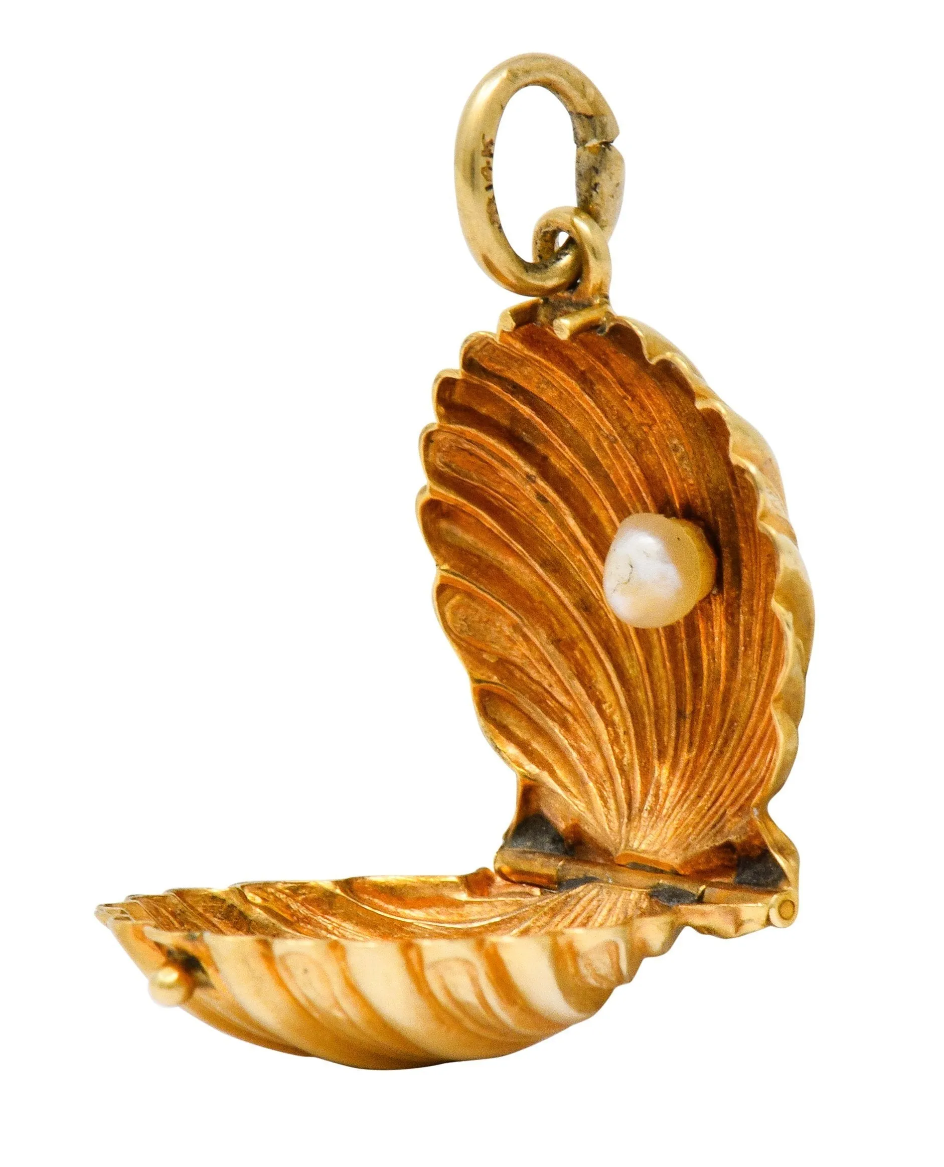 Art Nouveau Natural Freshwater Pearl 14 Karat Gold Clam Shell Locket Charm