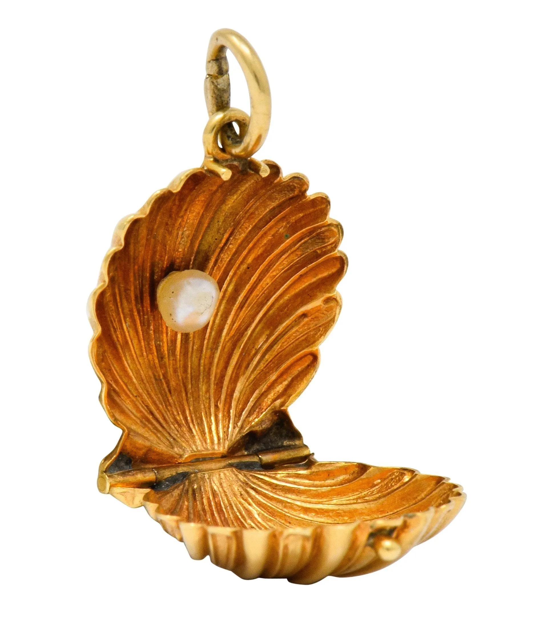 Art Nouveau Natural Freshwater Pearl 14 Karat Gold Clam Shell Locket Charm