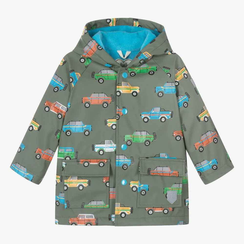 Baby Boys Green Cars Hooded Raincoat