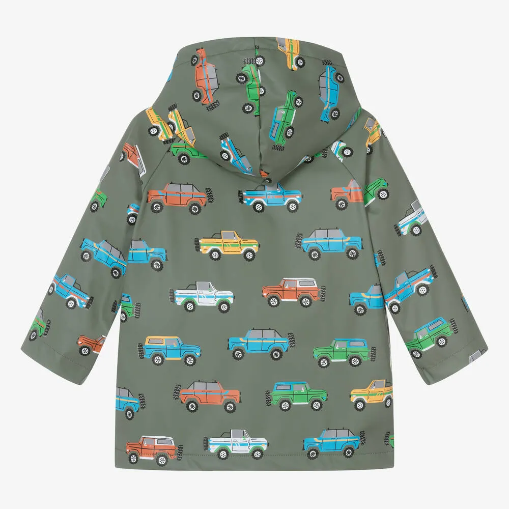 Baby Boys Green Cars Hooded Raincoat