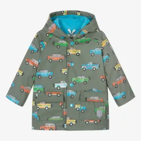 Baby Boys Green Cars Hooded Raincoat