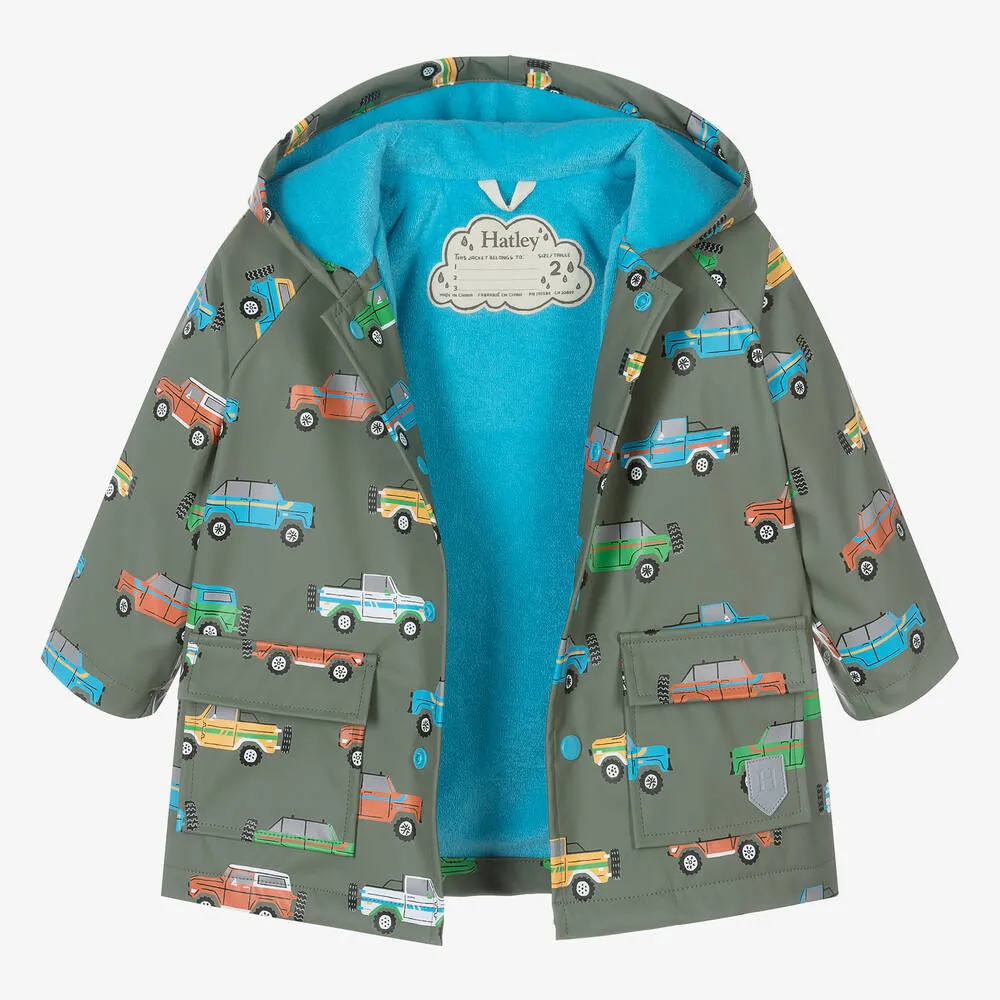 Baby Boys Green Cars Hooded Raincoat