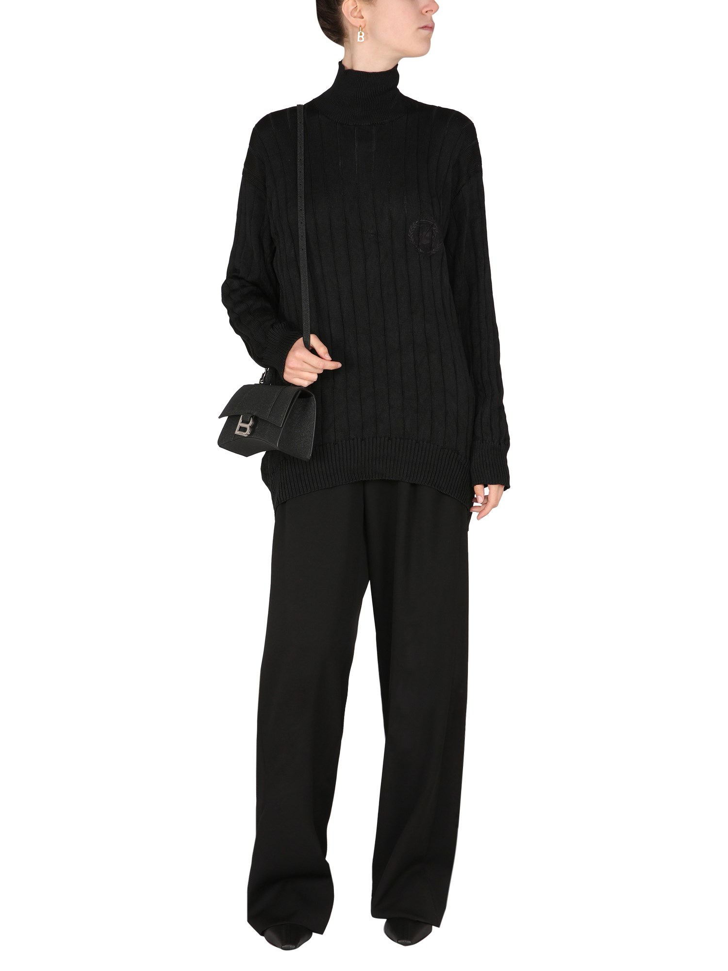 BALENCIAGA    OVERSIZED MOCK NECK PULLOVER IN RIBBED SILK KNIT