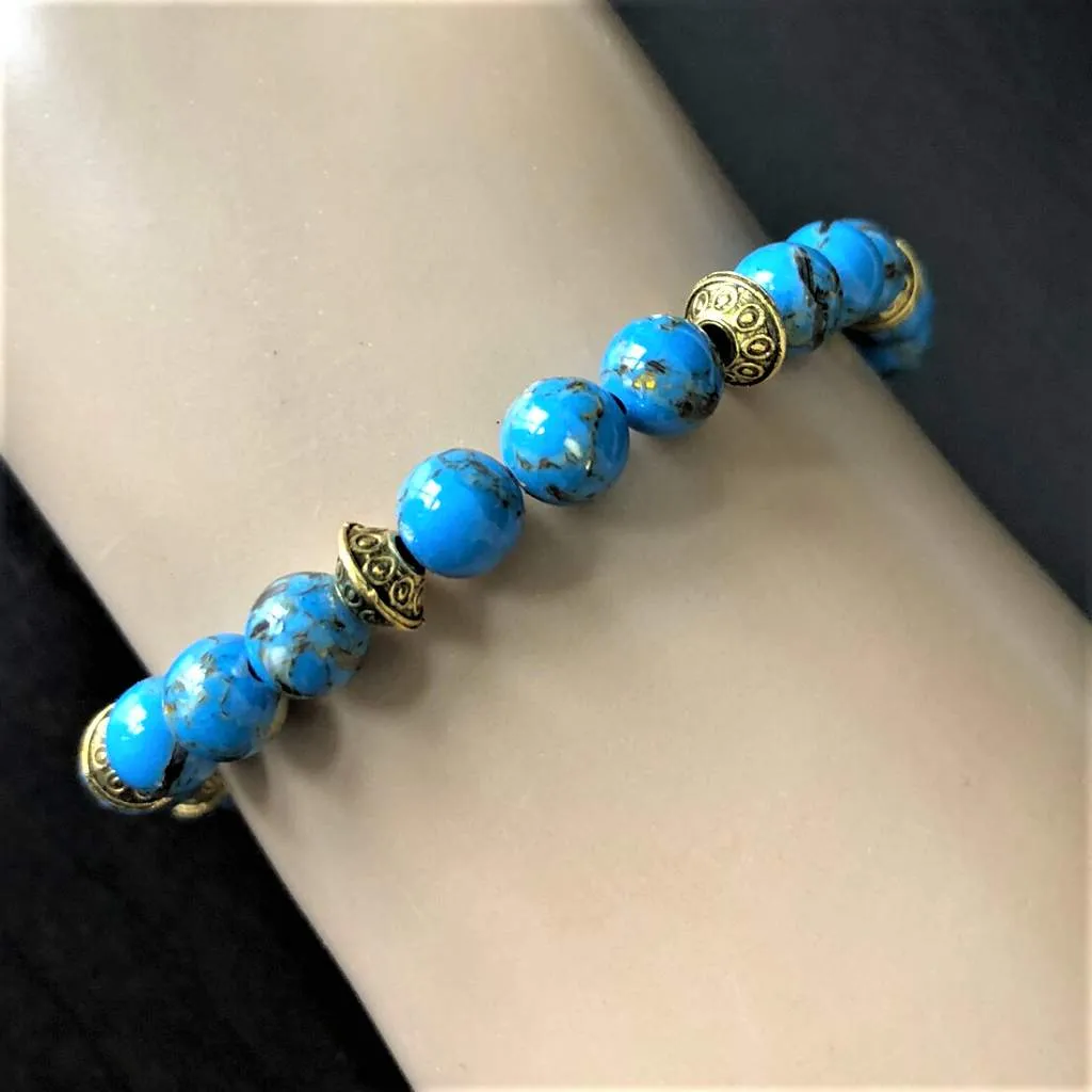 Blue Mosaic Shell and Gold Beaded Bracelet