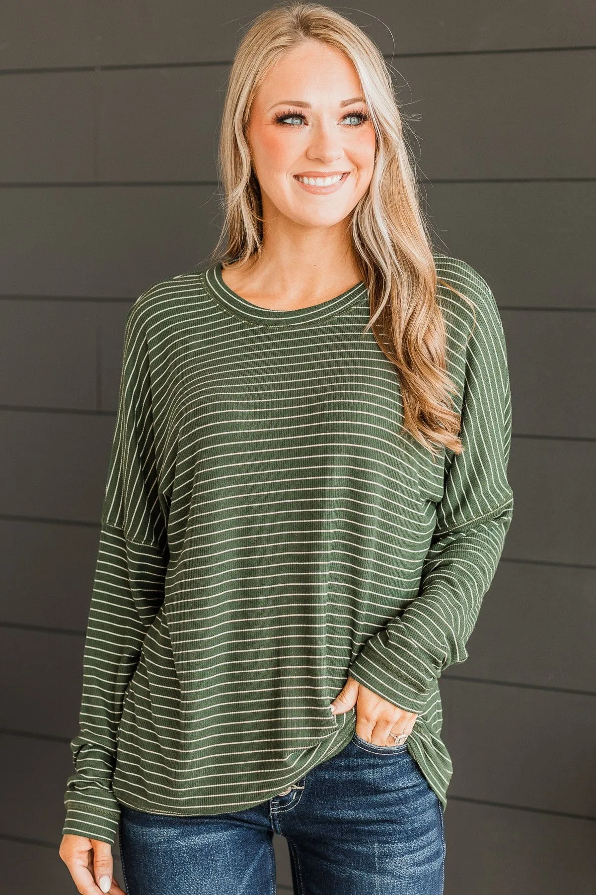 Brighten My Day Striped Pullover Top- Forest Green