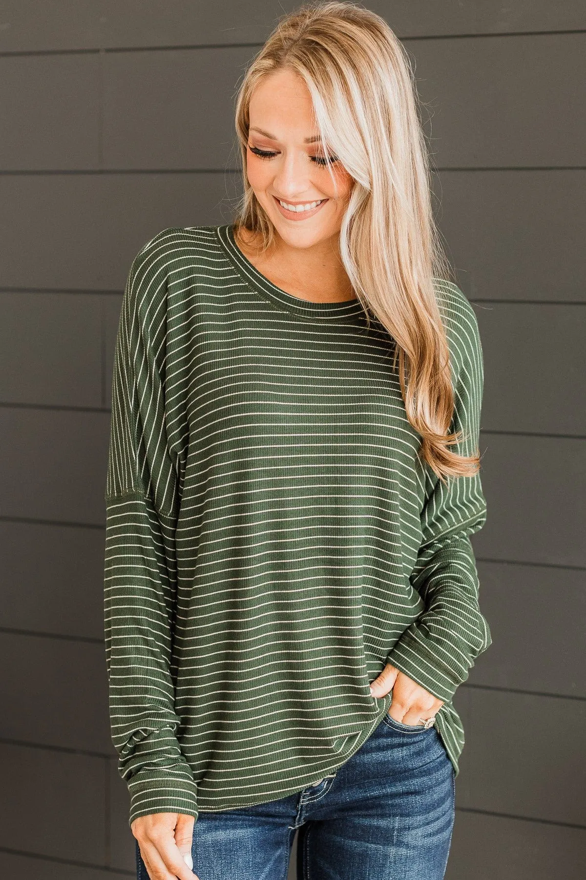 Brighten My Day Striped Pullover Top- Forest Green