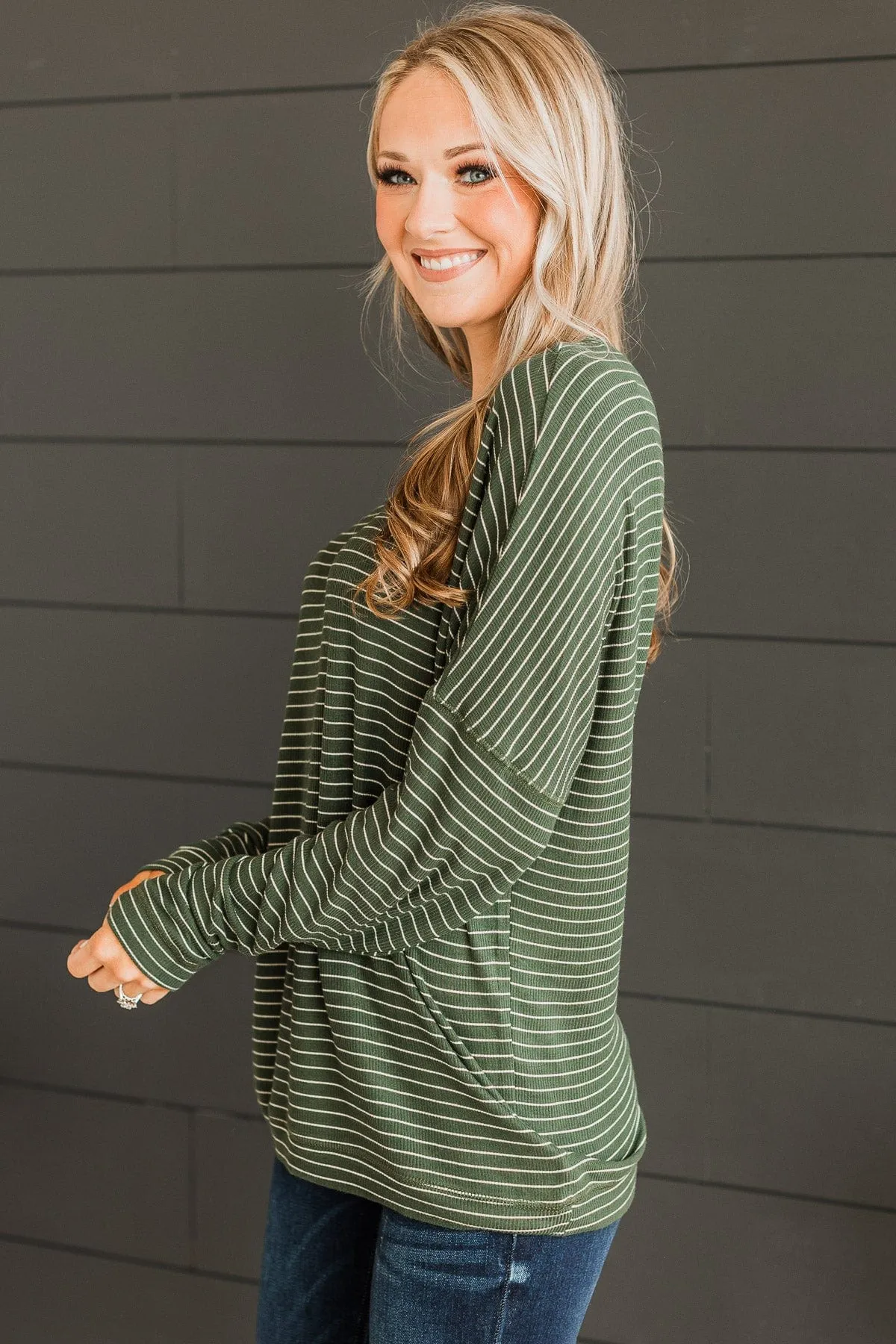 Brighten My Day Striped Pullover Top- Forest Green