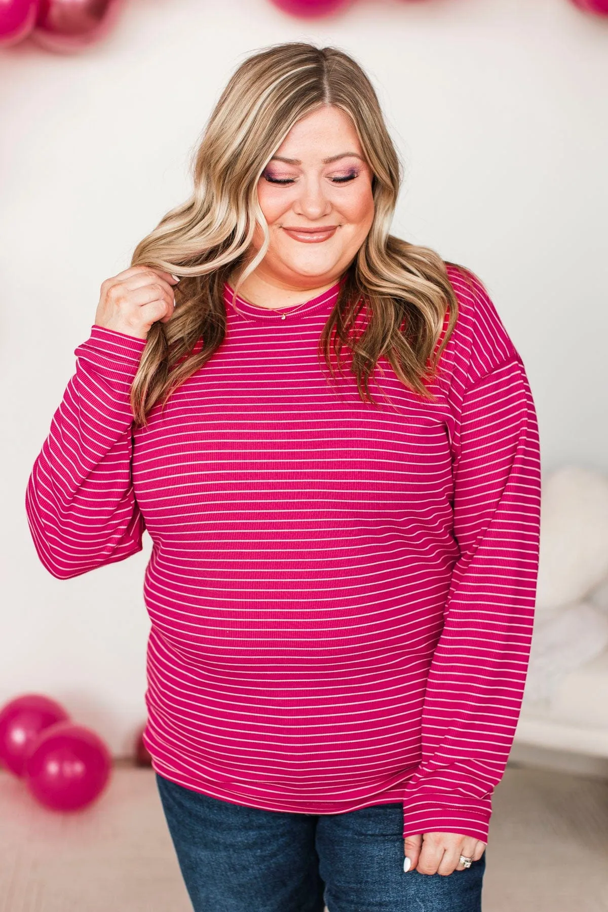 Brighten My Day Striped Pullover Top- Hot Pink