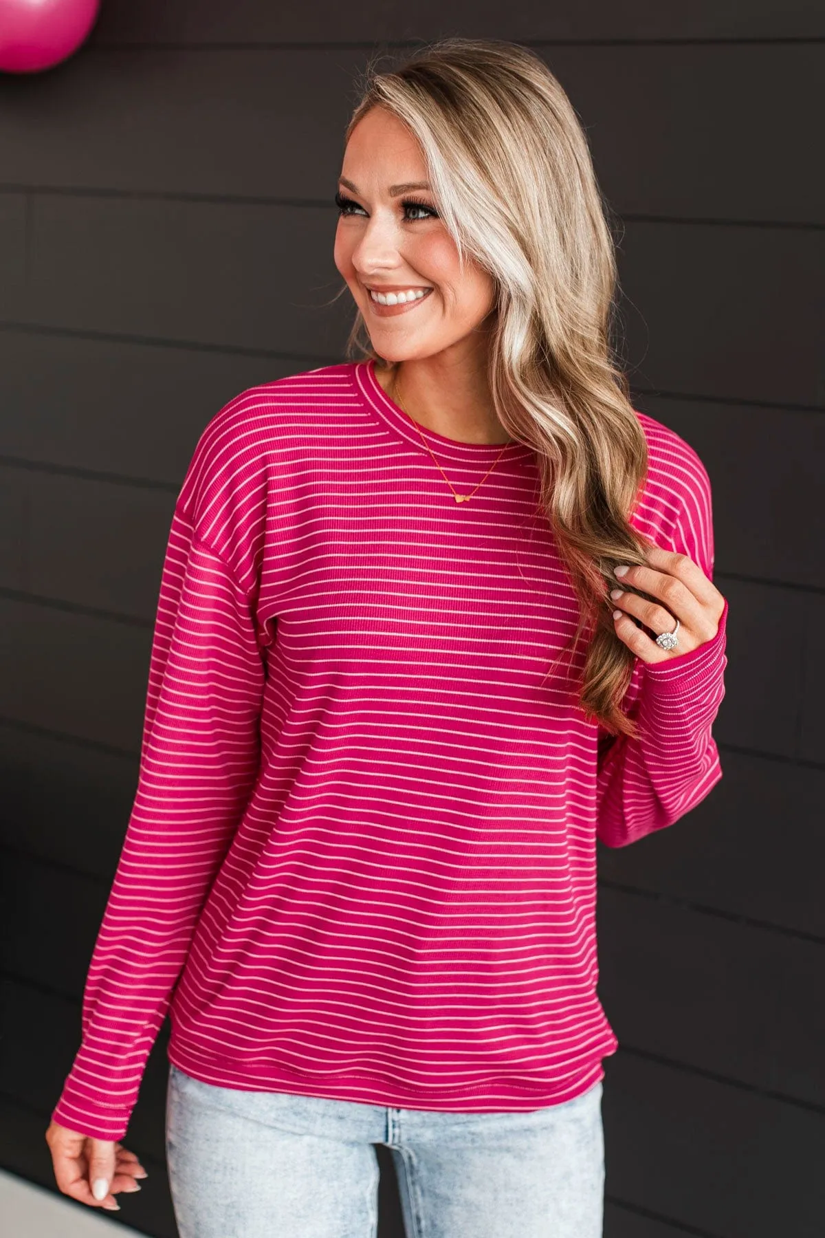 Brighten My Day Striped Pullover Top- Hot Pink