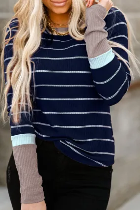 Color Block Cuffs Rib Knit Striped Pullover - Navy