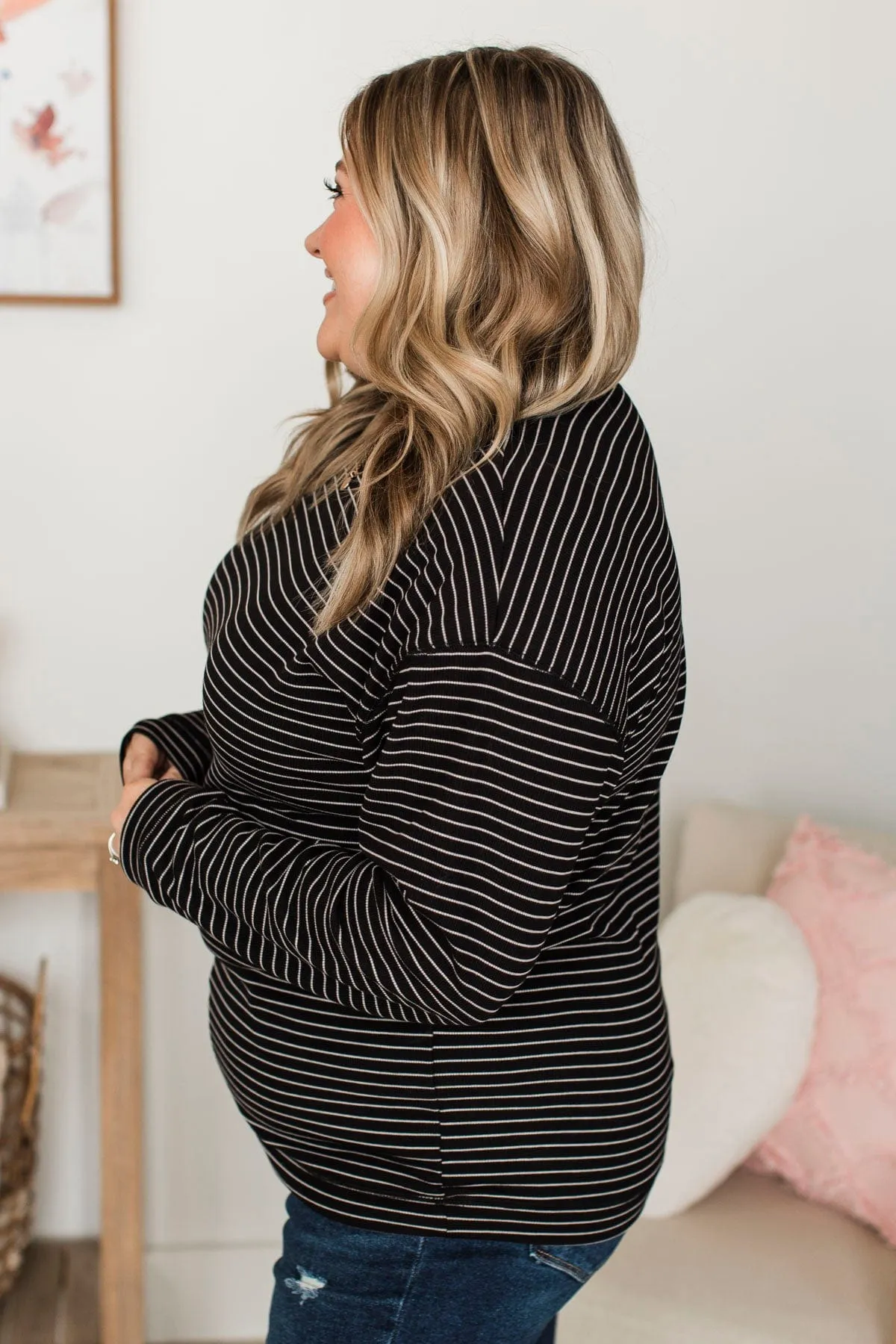 Everyday Mood Striped Pullover Top- Black