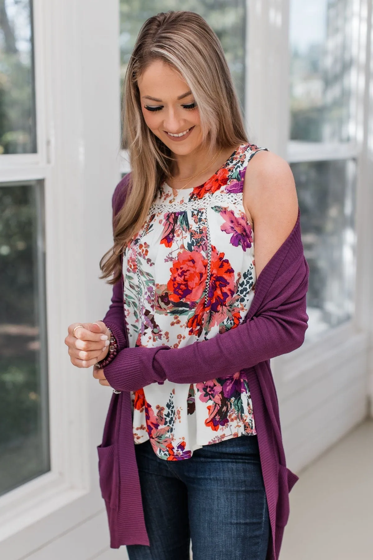 Feel The Rain Floral Crochet Tank- Cream & Plum