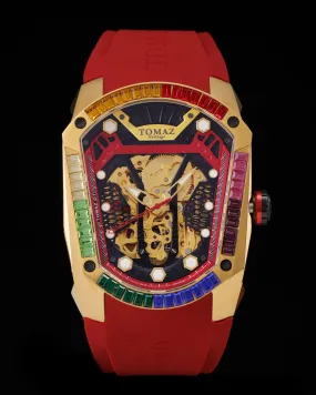 GT Skeleton TW028-D24 (Gold) with Rainbow Swarovski (Red Rubber Strap)