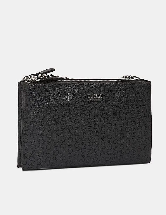 GUESS Women Black Printed Campos Mini Double Zip Crossbody Sling Bag