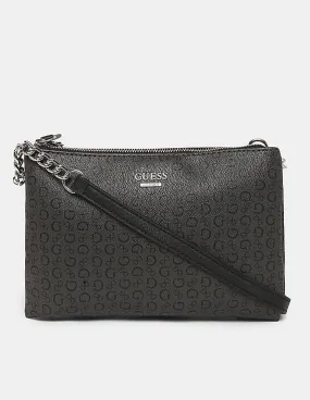 GUESS Women Black Printed Campos Mini Double Zip Crossbody Sling Bag