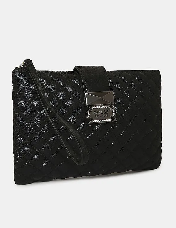 GUESS Women Black Quilted Dazzle Crossbody Top Zip Sling Bag