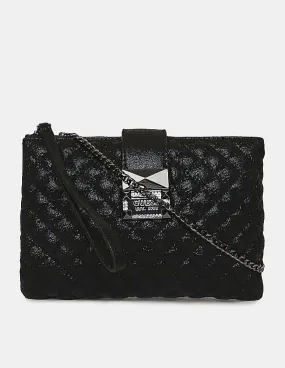 GUESS Women Black Quilted Dazzle Crossbody Top Zip Sling Bag