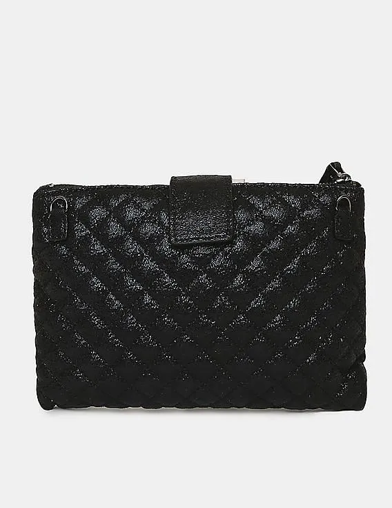 GUESS Women Black Quilted Dazzle Crossbody Top Zip Sling Bag