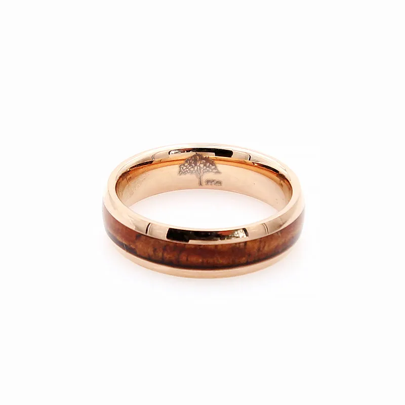 Koa Wood Rose Gold Tungsten Ring Rounded 6mm