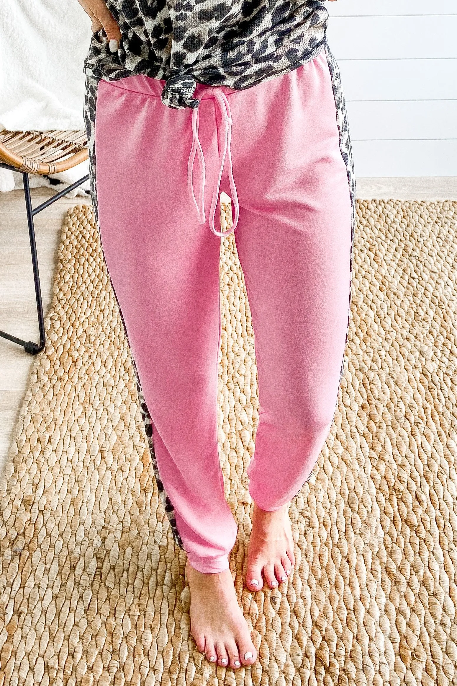 Leopard Knit Side Detail Joggers- Pink