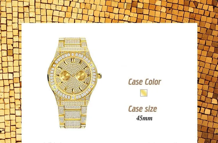 Men's Luxury Bling Square Diamond Stainless Steel Quartz Wristwatch