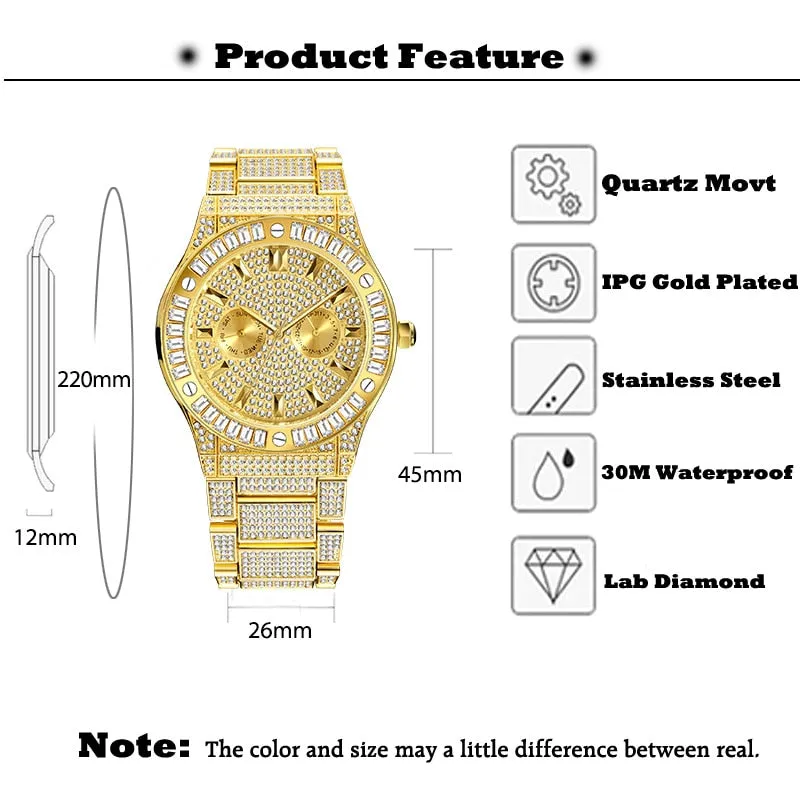 Men's Luxury Bling Square Diamond Stainless Steel Quartz Wristwatch