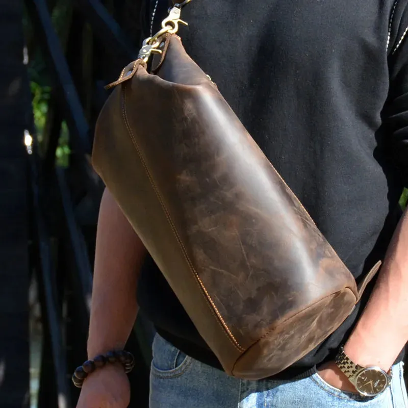 Men's Vintage Barrel-shaped Genuine Leather Casual Chest Bag