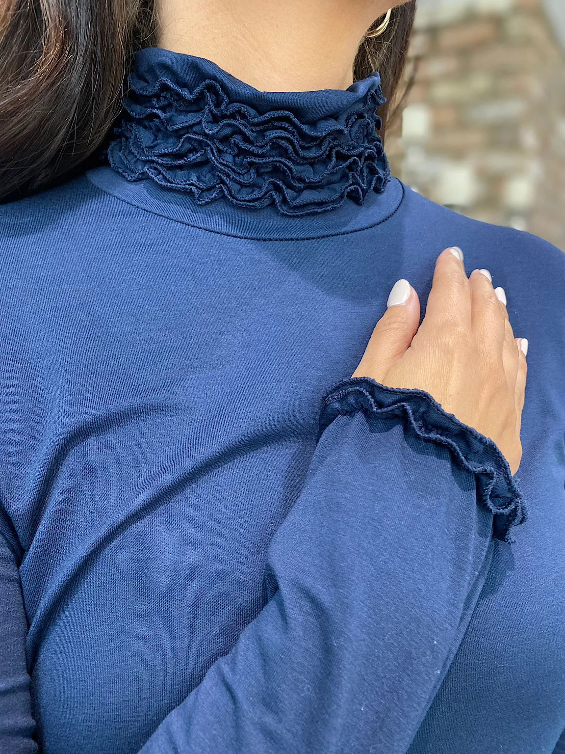 Navy Ruffle Roll Neck Top Regan