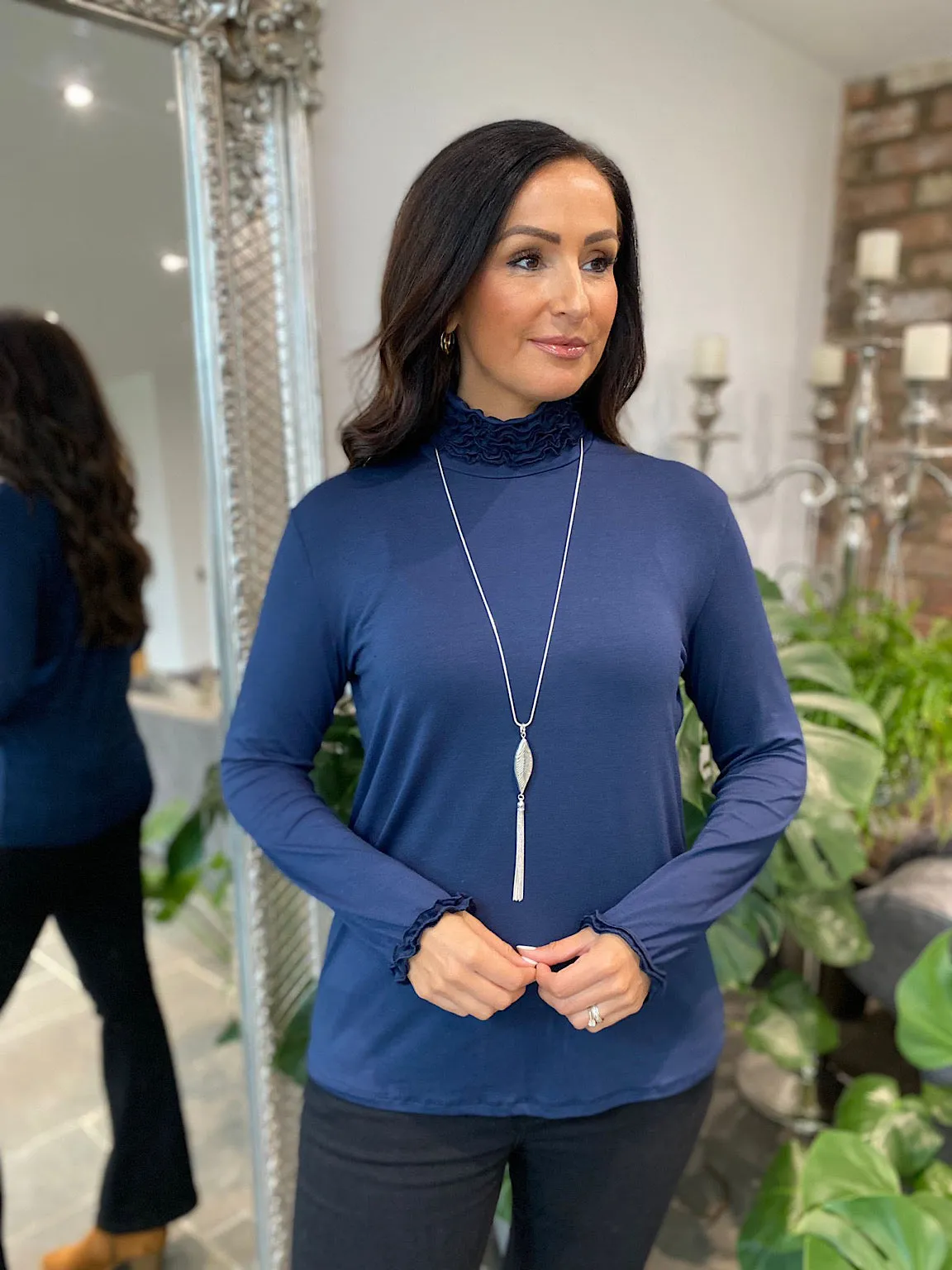 Navy Ruffle Roll Neck Top Regan