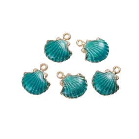 Pendants, Clam Shell, Single-Sided, Teal, Enameled, Gold Plated, Alloy, 18mm