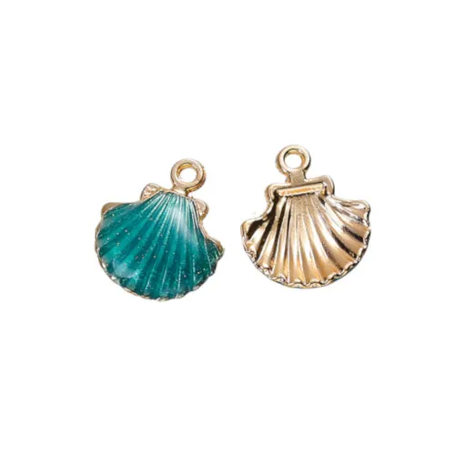 Pendants, Clam Shell, Single-Sided, Teal, Enameled, Gold Plated, Alloy, 18mm