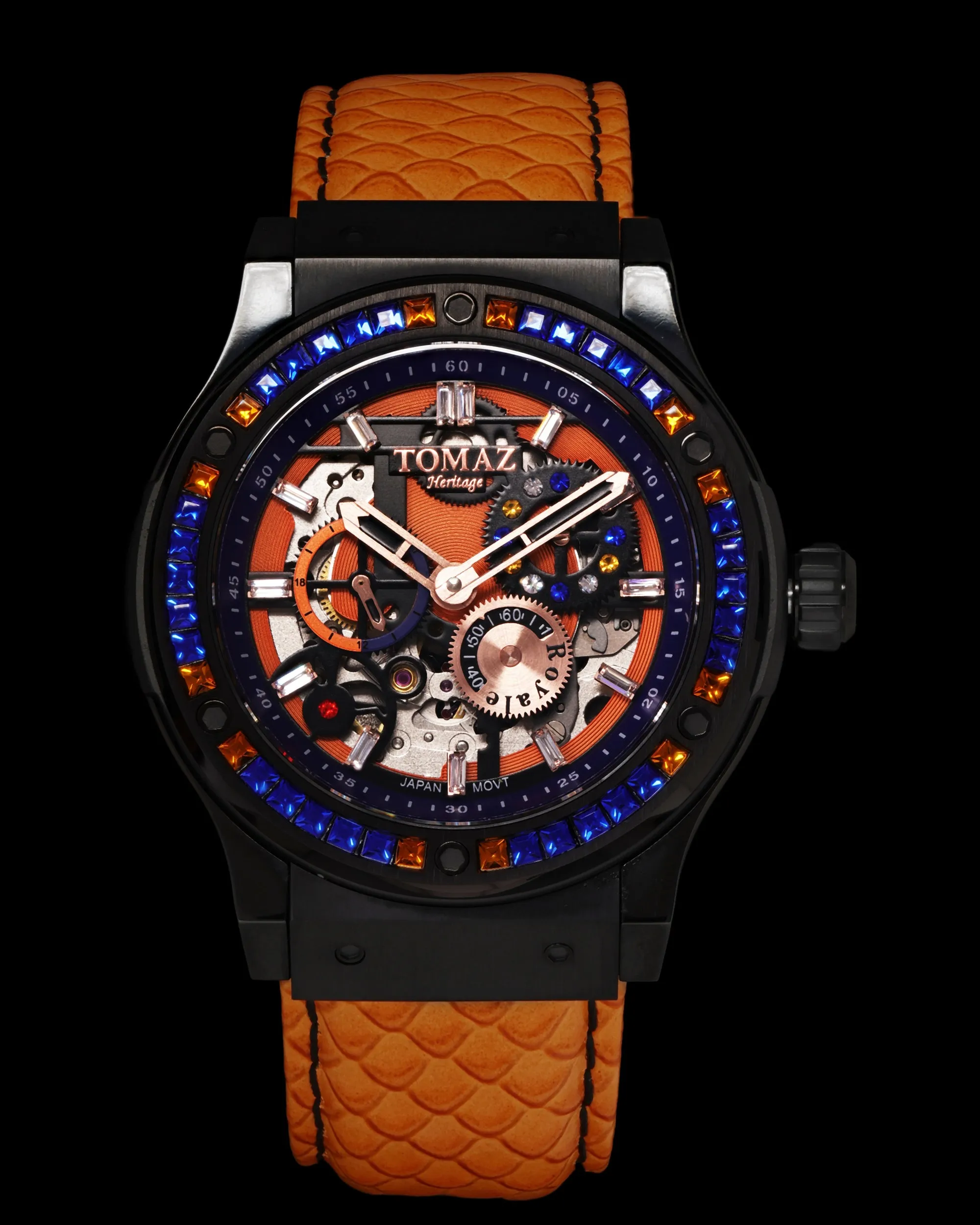 Royale TW014A-D2 (Black) with Blue Orange Swarovski (Orange Salmon Leather Strap)