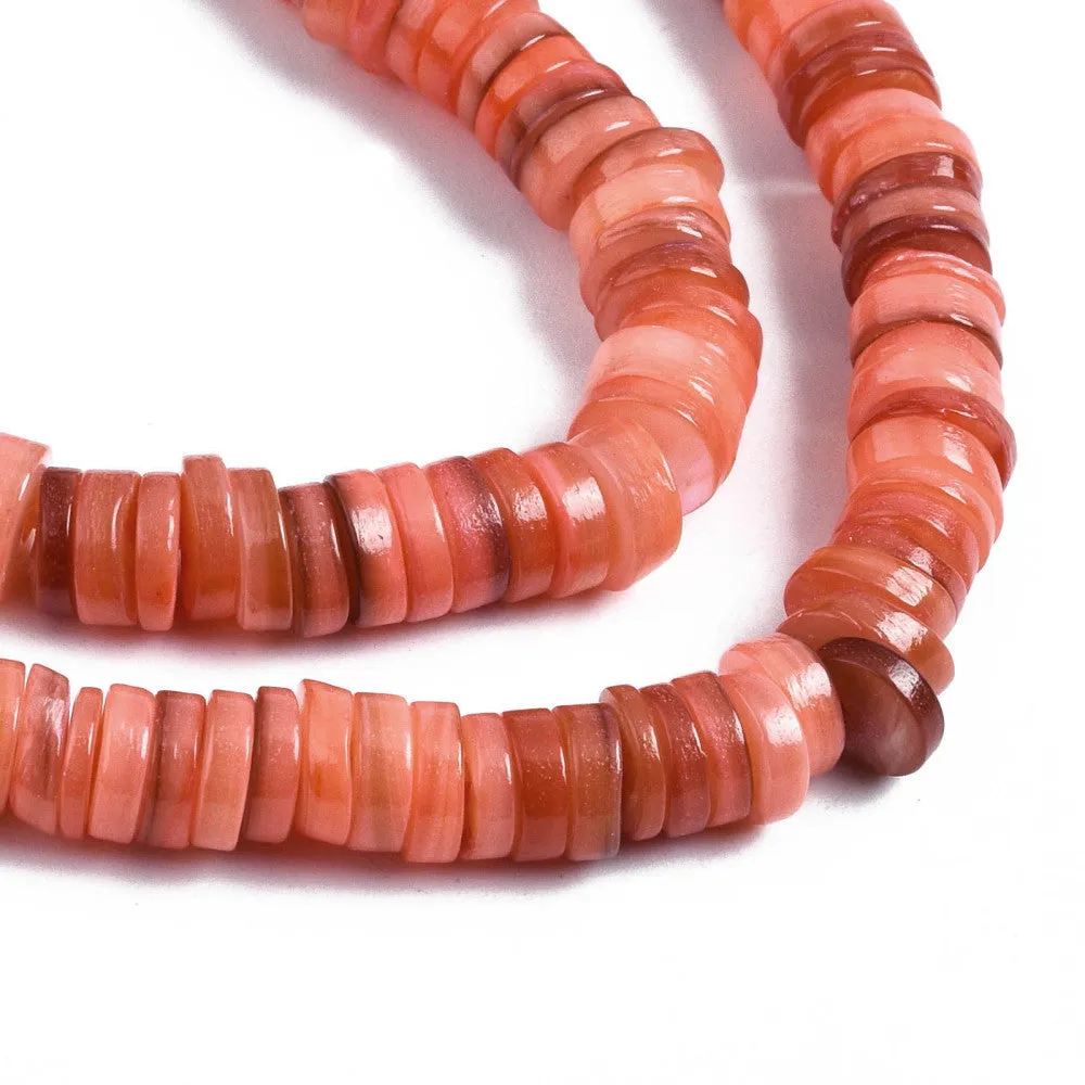 Shell Beads, Natural, Freshwater, Dyed, Dark Salmon, Heishi Disc Beads, Flat, Round, 6mm