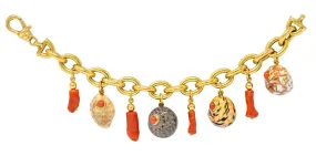 Trianon Vintage Coral Enamel 18 Karat Gold Seashell Charm Bracelet