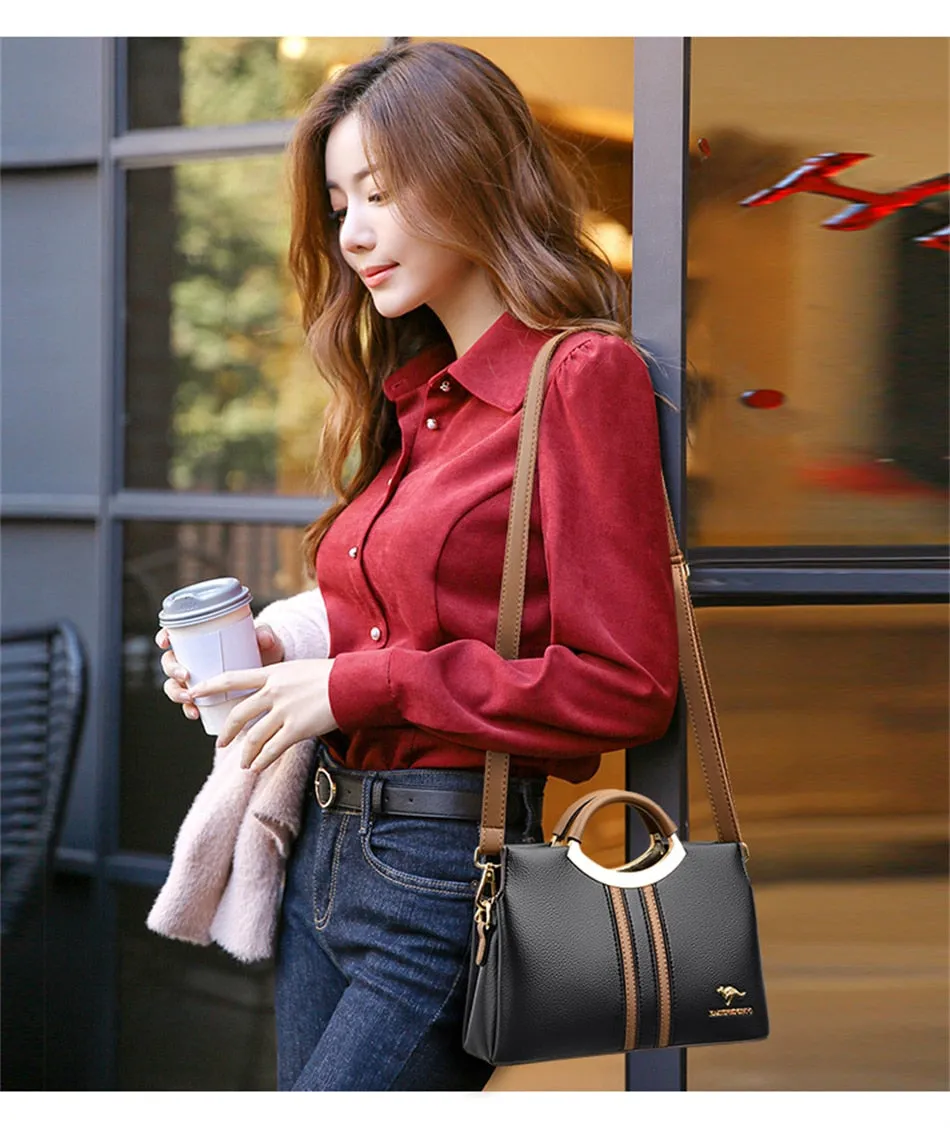 Women's Genuine Leather 3 Layers Luxury Designer Crossbody Shoulder Handbag