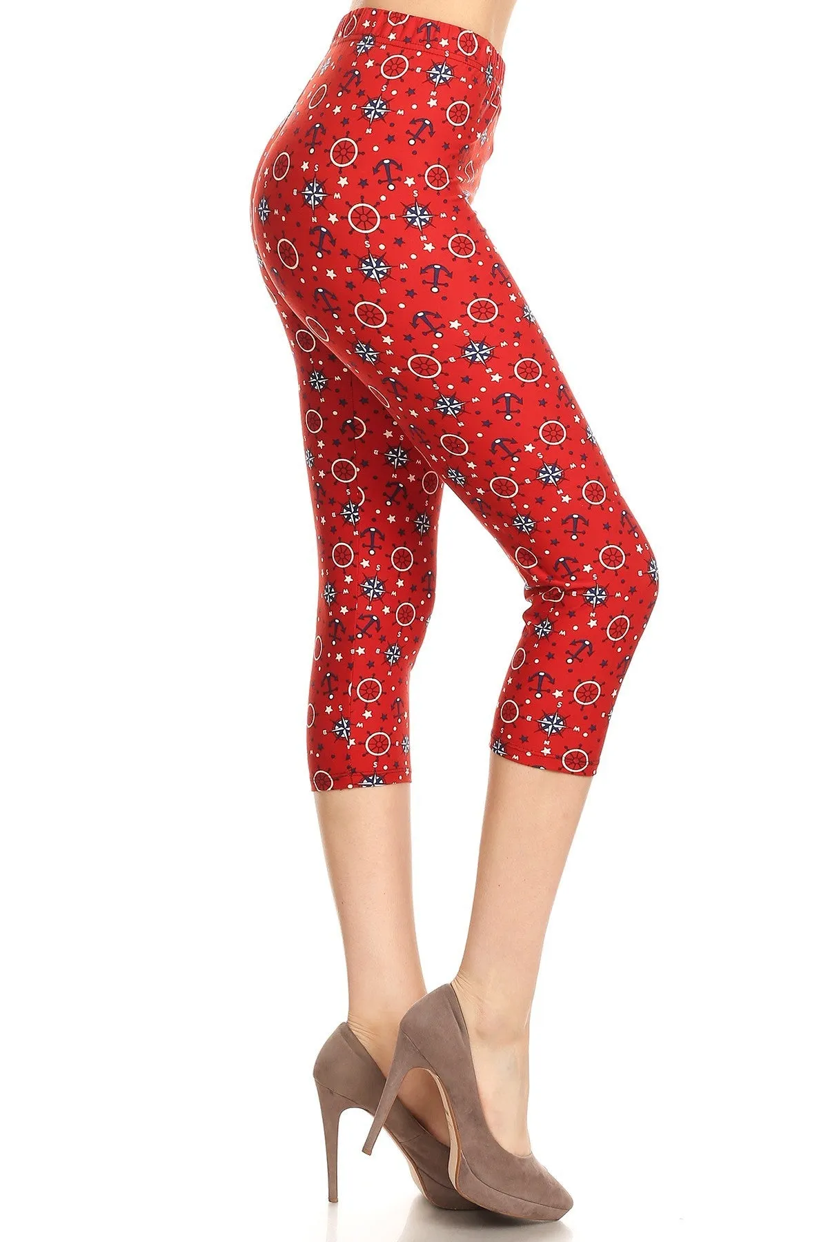 Women's Regular colorful Anchor Compass Printed Cropped Capri Leggings