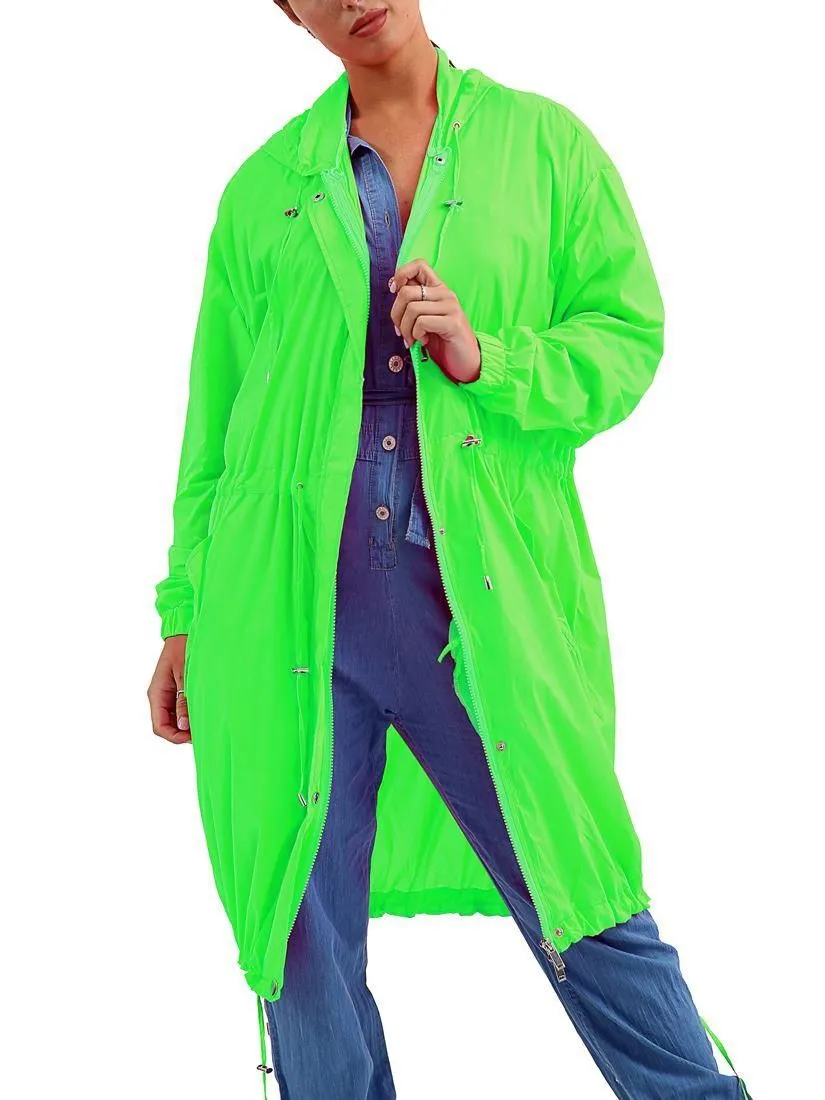 Womens Showerproof Raincoat Hooded Neon Lime Long Size 10 12 14 16 8