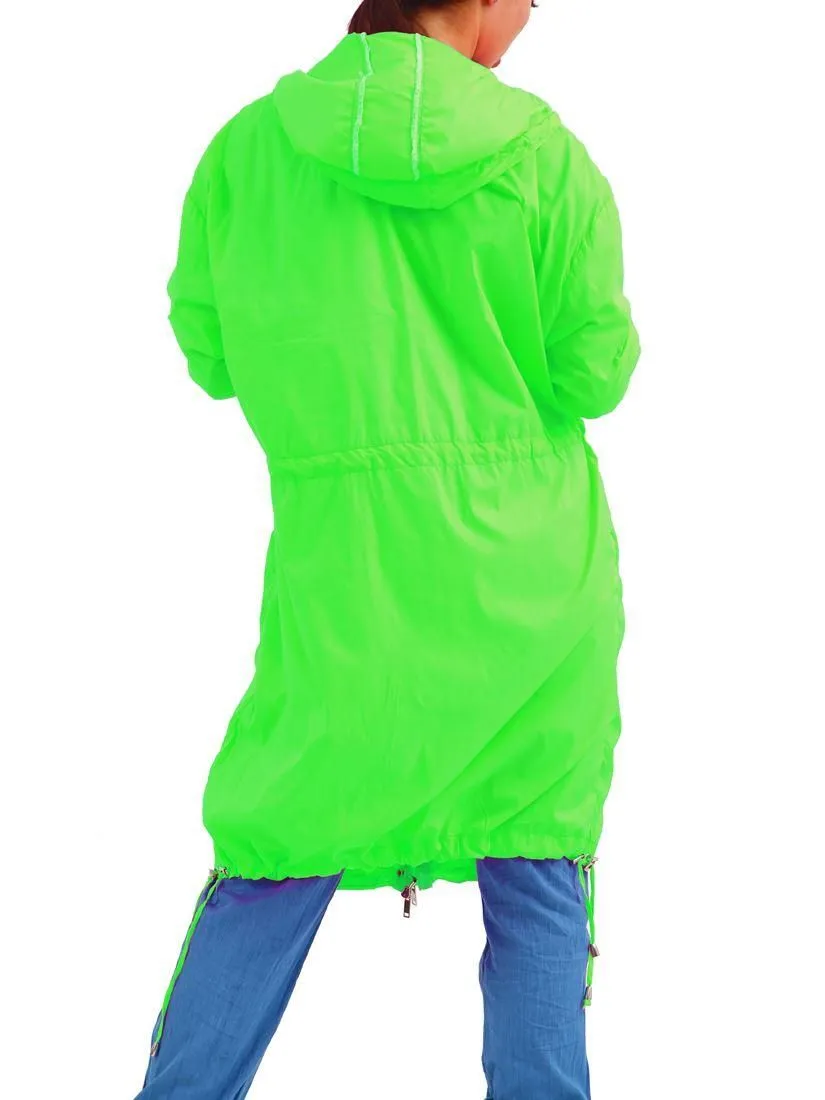 Womens Showerproof Raincoat Hooded Neon Lime Long Size 10 12 14 16 8