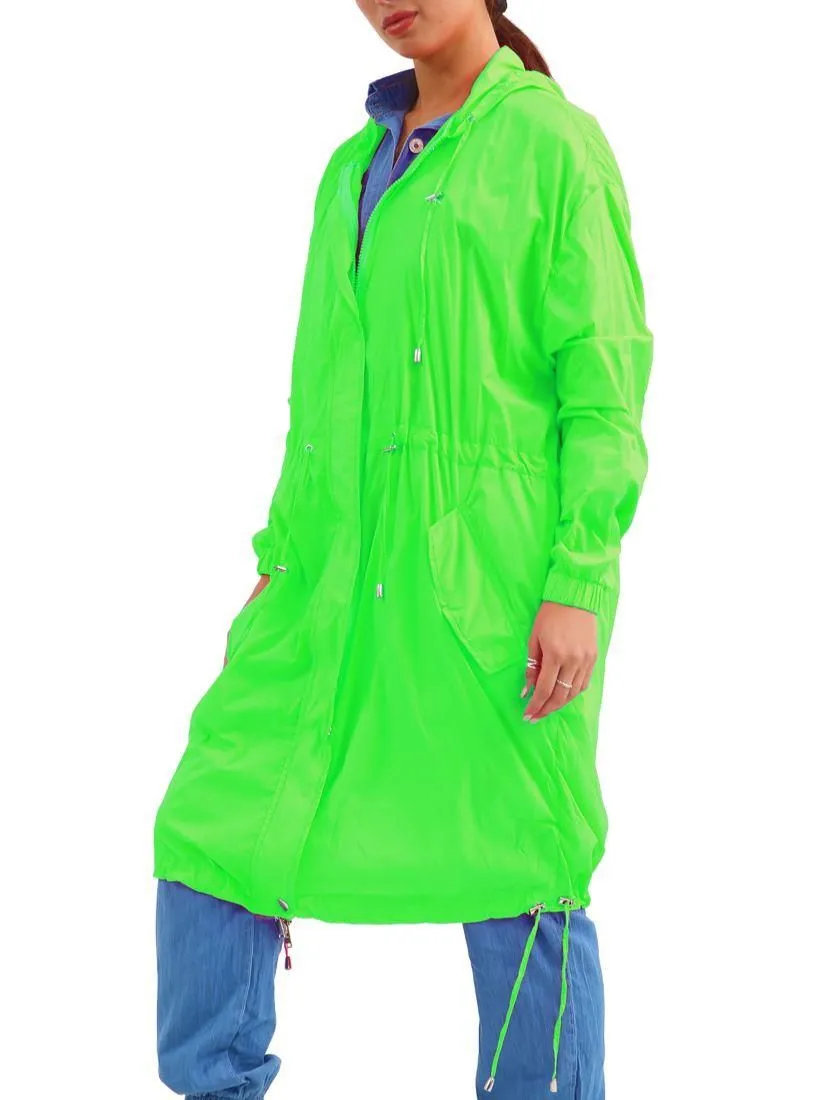 Womens Showerproof Raincoat Hooded Neon Lime Long Size 10 12 14 16 8