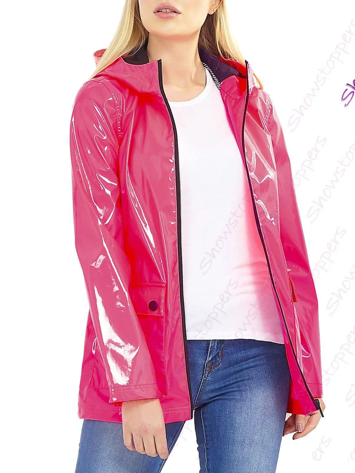 Womens Waterproof Vinyl Patent Raincoat Jacket, Neon Pink, UK Sizes 8 to 16