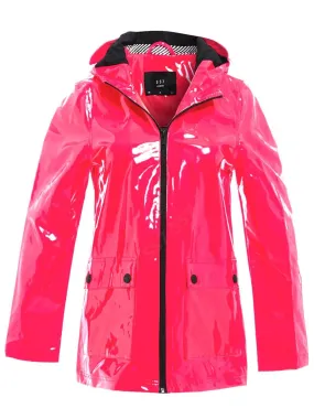 Womens Waterproof Vinyl Patent Raincoat Jacket, Neon Pink, UK Sizes 8 to 16