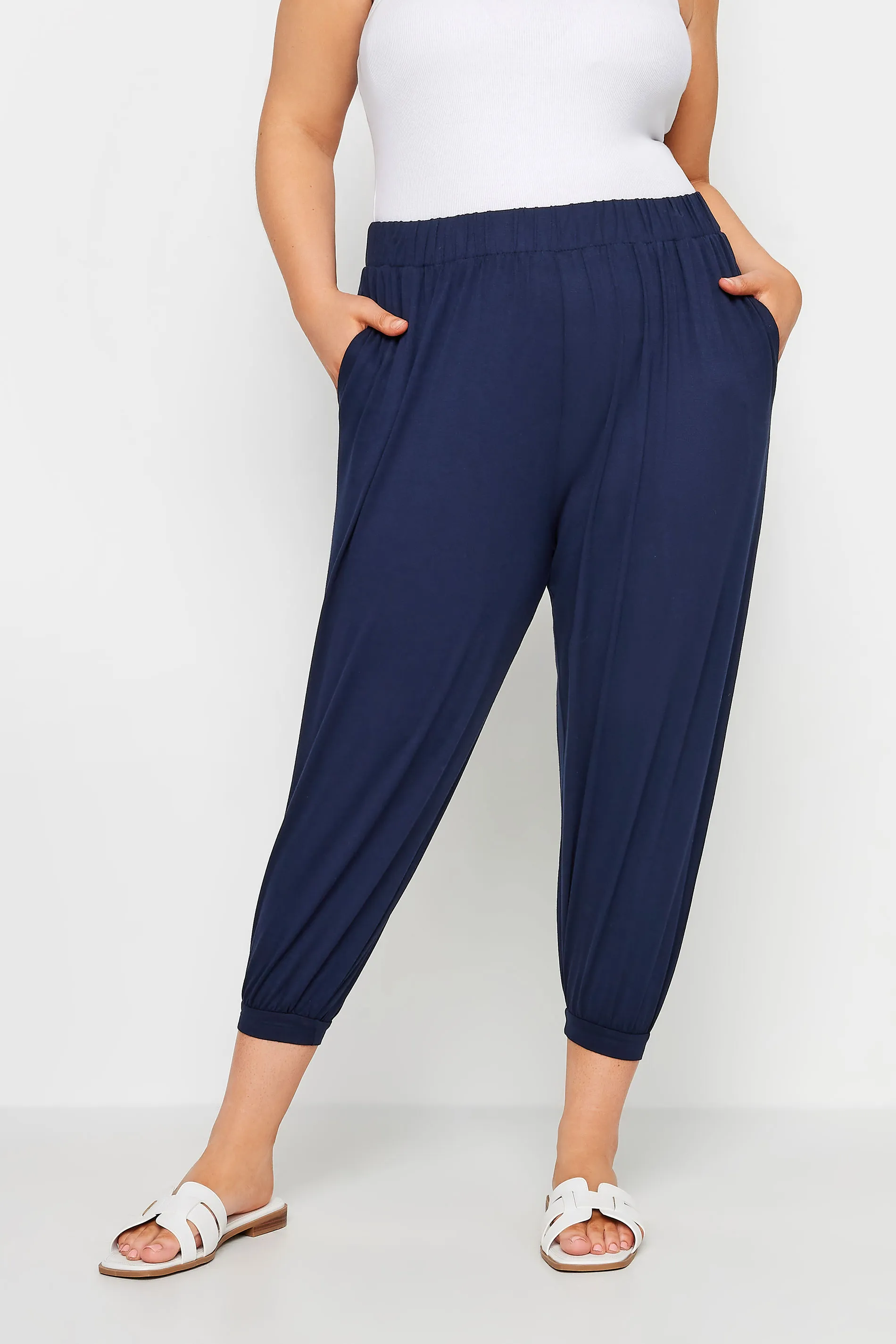 YOURS Curve Navy Blue Cropped Jersey Harem Joggers